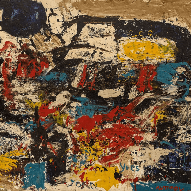 Tableau abstrait. On voit des taches jaunes, rouges, bleues et blanches interrompues par des espaces noirs. 